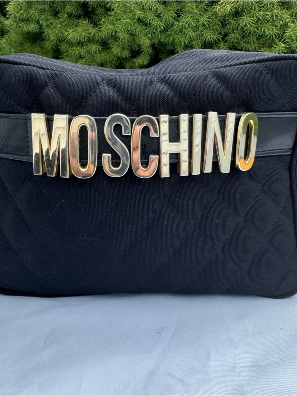 Moschino Vintage Black Quilted Shoulder Bag with Gold Logo Letters and Chain